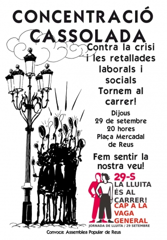 Concentració-cassolada, 29 setembre, Reus: contra la crisi i les retallades